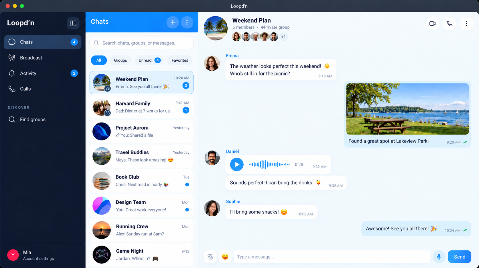 The Loopd'n desktop app showing a group conversation
